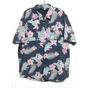 Akrux Hawaiian Floral Button Shirt Men XL Pink Hibiscus Tropical Cruise Vacation